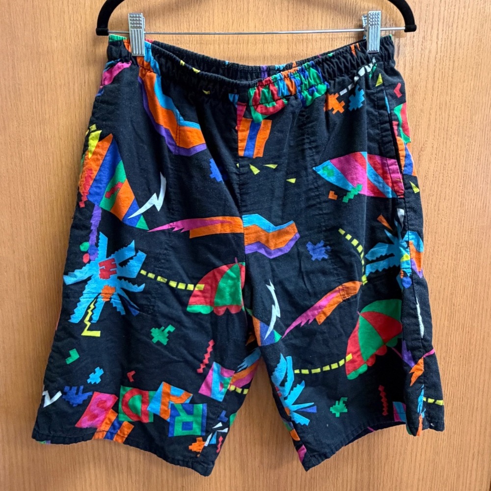 Boundary Waters Mens Vintage 90s Retro Geometric Neon Swim Trunks Black Medium